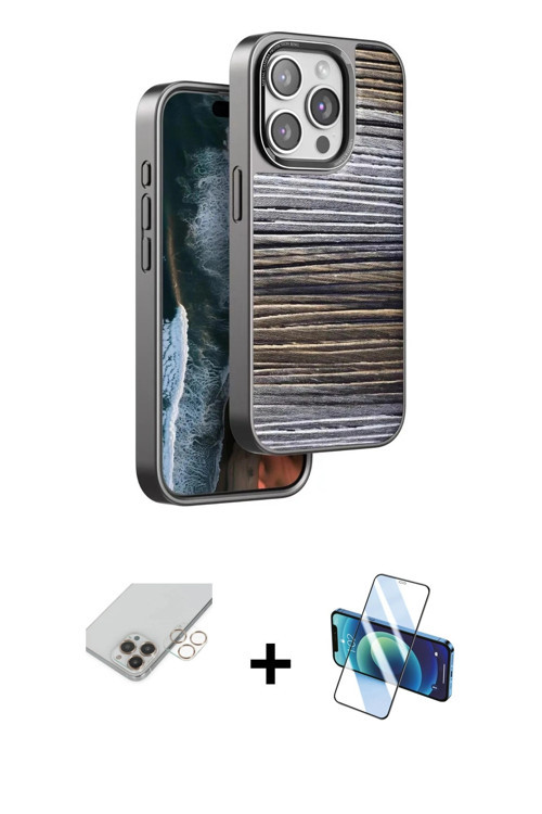 ieg™ iPhone 14 Pro Max Kılıf Atlas Minimal Özel Seri - Siyah 3D Antistatik Cam Ekran Koruyucu + Gold