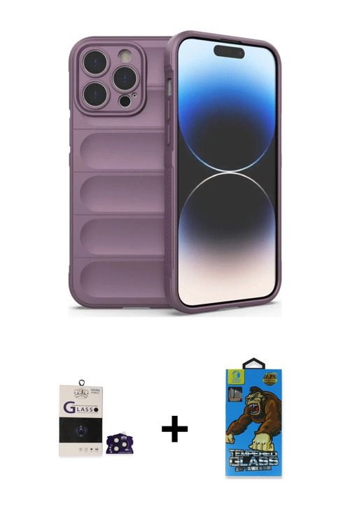 ieg™ iPhone 14 Pro Max Kılıf Atlas Koleksiyonu - Siyah 18D Cam Ekran Koruyucu + Derin Mor Bilvis Tit