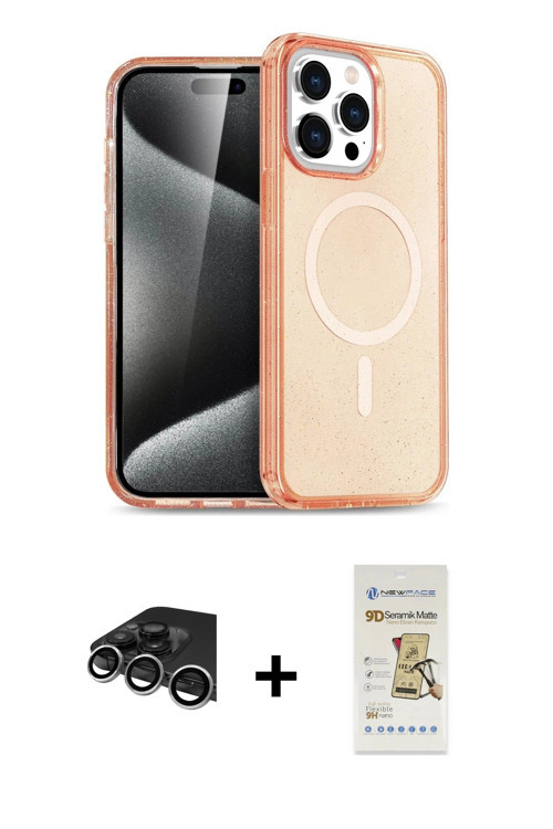 ieg™ iPhone 14 Pro Max Kılıf Eksen Doku Koleksiyonu - Siyah Mat Seramik Nano Ekran Koruyucu + Gümüş