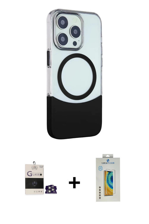 ieg™ iPhone 14 Pro Max Kılıf Çekirdek Asil Özel Seri - Siyah Polymer Nano Ekran Koruyucu + Gümüş Bil