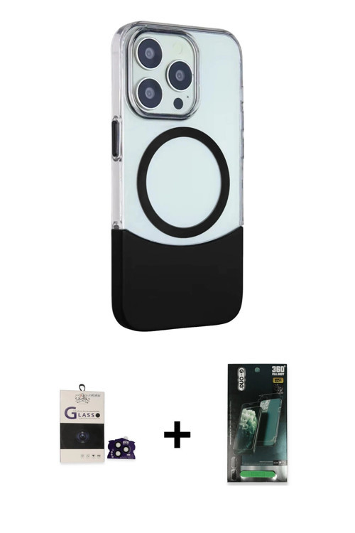 ieg™ iPhone 14 Pro Max Kılıf Çekirdek Asil Özel Seri - Şeffaf 360 Full Body Arka Koruyucu + Siyah Bi
