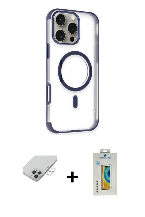 ieg™ iPhone 14 Pro Max Kılıf Eksen Klasik Koleksiyonu - Siyah Polymer Nano Ekran Koruyucu + Gümüş Ba