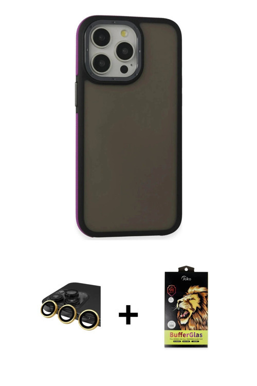 ieg™ iPhone 14 Pro Max Kılıf Eksen Işık - Siyah Buffer Cam Ekran Koruyucu + Gold Raze Metal Kamera L