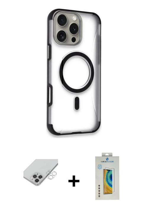 ieg™ iPhone 14 Pro Max Kılıf Eksen Klasik Koleksiyonu - Siyah Polymer Nano Ekran Koruyucu + Gümüş Ba