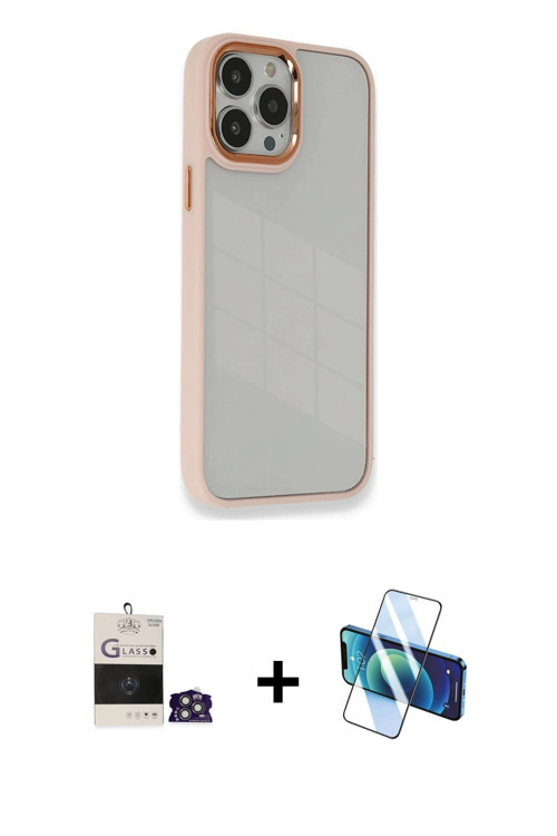 ieg™ iPhone 14 Pro Max Kılıf Eksen Doku Prime - Siyah 3D Antistatik Cam Ekran Koruyucu + Gümüş Bilvi