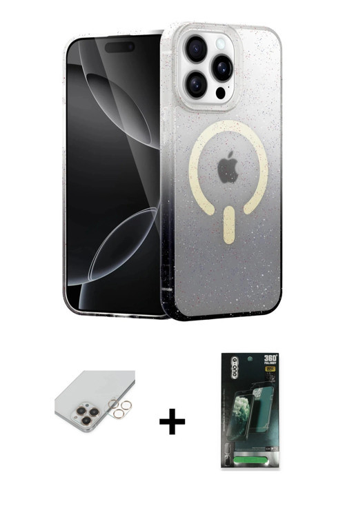 ieg™ iPhone 14 Pro Max Kılıf Eksen Minimal Özel Seri - Şeffaf 360 Full Body Arka Koruyucu + Gold Ban