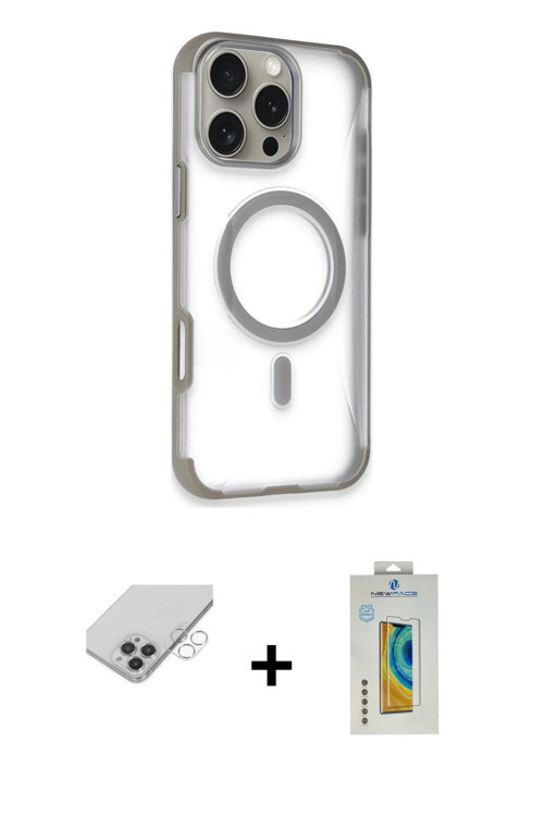 ieg™ iPhone 14 Pro Max Kılıf Eksen Klasik Koleksiyonu - Siyah Polymer Nano Ekran Koruyucu + Gümüş Ba