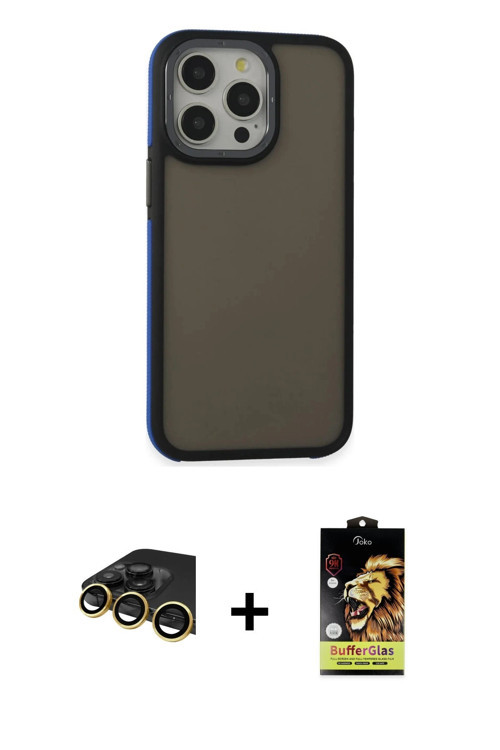 ieg™ iPhone 14 Pro Max Kılıf Eksen Işık - Siyah Buffer Cam Ekran Koruyucu + Gold Raze Metal Kamera L
