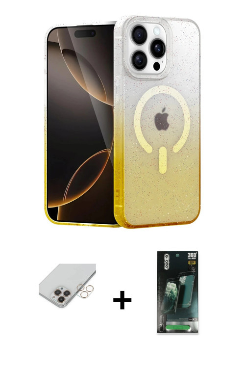 ieg™ iPhone 14 Pro Max Kılıf Eksen Minimal Özel Seri - Şeffaf 360 Full Body Arka Koruyucu + Gold Ban