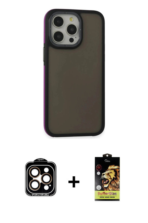 ieg™ iPhone 14 Pro Max Kılıf Eksen Işık - Siyah Buffer Cam Ekran Koruyucu + Turuncu PVD Metal Kamera