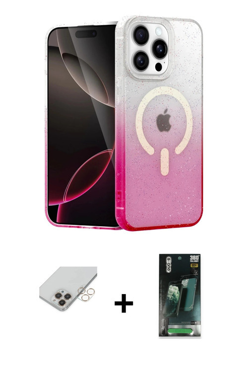 ieg™ iPhone 14 Pro Max Kılıf Eksen Minimal Özel Seri - Şeffaf 360 Full Body Arka Koruyucu + Gold Ban