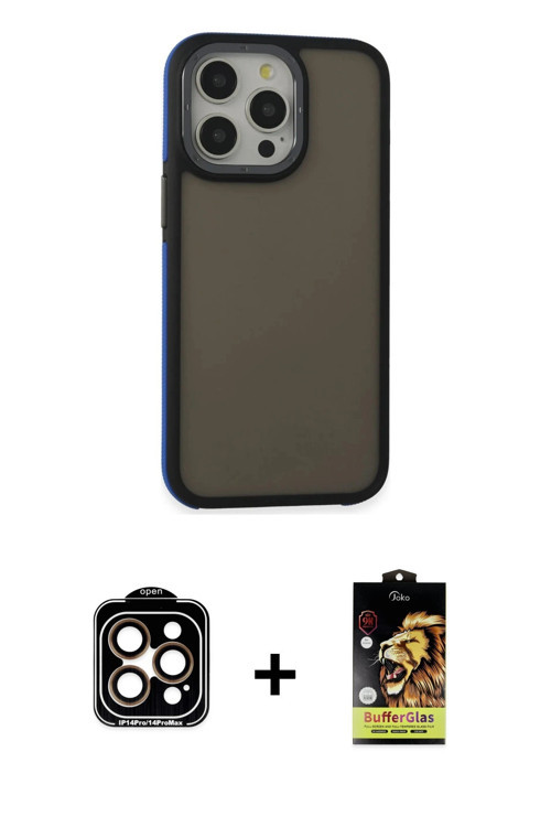 ieg™ iPhone 14 Pro Max Kılıf Eksen Işık - Siyah Buffer Cam Ekran Koruyucu + Turuncu PVD Metal Kamera