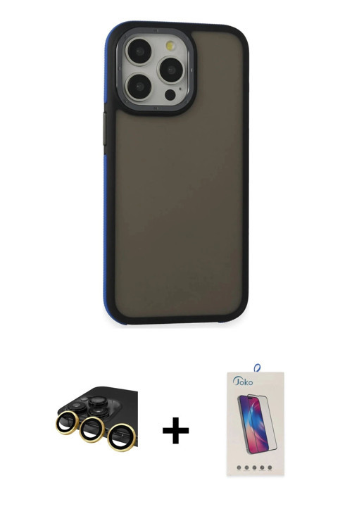 ieg™ iPhone 14 Pro Max Kılıf Eksen Işık - Siyah Joko 5D Cam + Gold Raze Metal Kamera Lens
