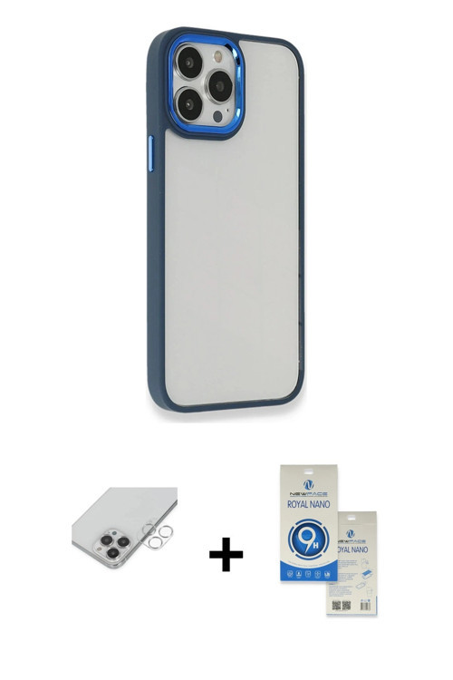 ieg™ iPhone 14 Pro Max Kılıf Eksen Doku Prime - Şeffaf Royal Nano Ekran Koruyucu + Gümüş Band Metal