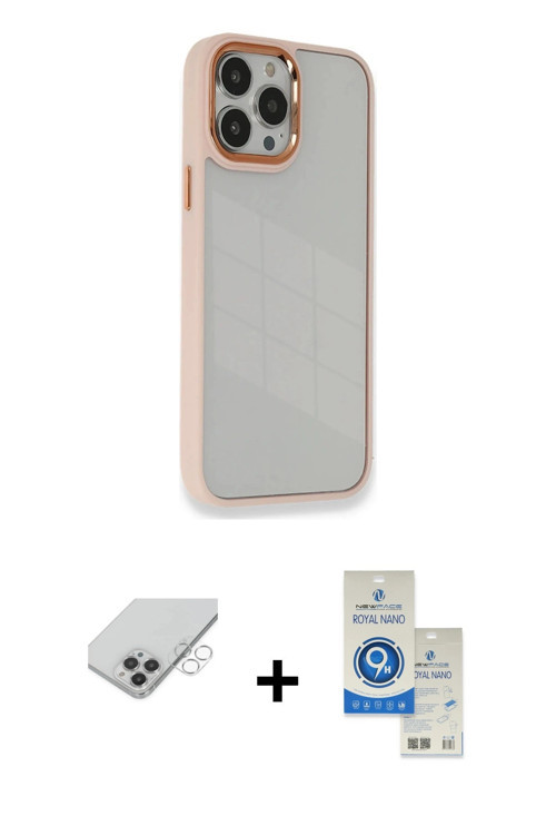 ieg™ iPhone 14 Pro Max Kılıf Eksen Doku Prime - Şeffaf Royal Nano Ekran Koruyucu + Gümüş Band Metal