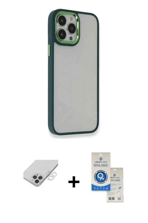 ieg™ iPhone 14 Pro Max Kılıf Eksen Doku Prime - Şeffaf Royal Nano Ekran Koruyucu + Gümüş Band Metal