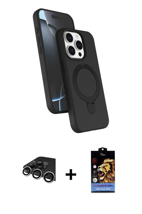 ieg™ iPhone 14 Pro Max Kılıf İz Işık Koleksiyonu - Siyah Buffer Hayalet Cam Ekran Koruyucu + Gümüş R