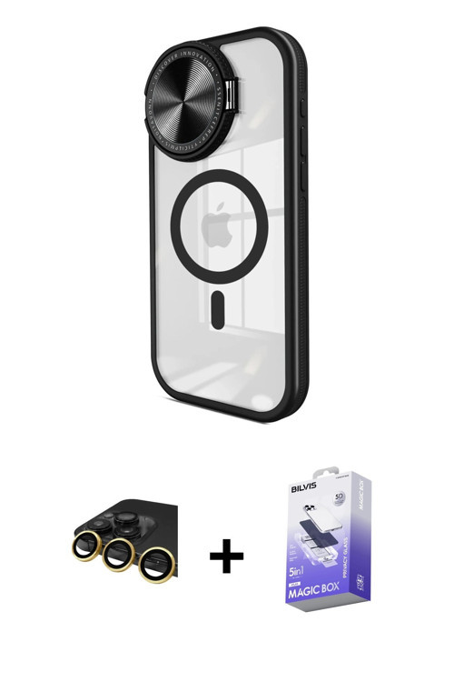 ieg™ iPhone 14 Pro Max Kılıf Kıvılcım Modern Koleksiyonu - Siyah Bilvis 5in1 5D Magic Hayalet Cam Ek
