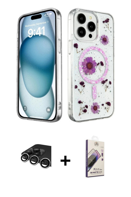 ieg™ iPhone 14 Pro Max Kılıf Kozmos Doku - Siyah Bilvis 3D Mat Cam Ekran Koruyucu + Gümüş Raze Metal