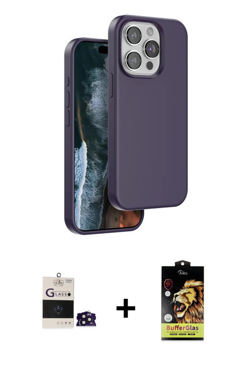 ieg™ iPhone 14 Pro Max Kılıf Kıvılcım Çizgi Serisi - Siyah Buffer Cam Ekran Koruyucu + Derin Mor Bil