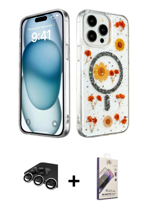 ieg™ iPhone 14 Pro Max Kılıf Kozmos Doku - Siyah Bilvis 3D Mat Cam Ekran Koruyucu + Gümüş Raze Metal