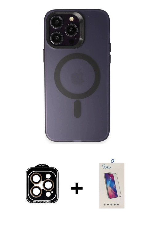 ieg™ iPhone 14 Pro Max Kılıf Kozmos Çizgi Prime - Siyah Joko 5D Cam + Turuncu PVD Metal Kamera Lens