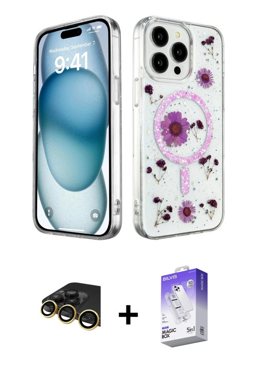 ieg™ iPhone 14 Pro Max Kılıf Kozmos Doku - Siyah Bilvis 5in1 3D Magic Cam Ekran Koruyucu + Gold Raze