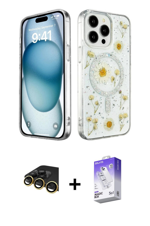 ieg™ iPhone 14 Pro Max Kılıf Kozmos Doku - Siyah Bilvis 5in1 3D Magic Cam Ekran Koruyucu + Gold Raze