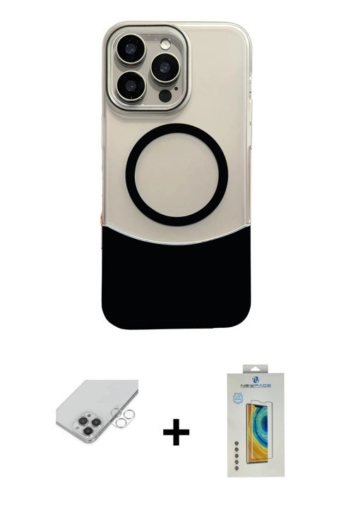 ieg™ iPhone 14 Pro Max Kılıf Kozmos Form Özel Seri - Siyah Polymer Nano Ekran Koruyucu + Gümüş Band