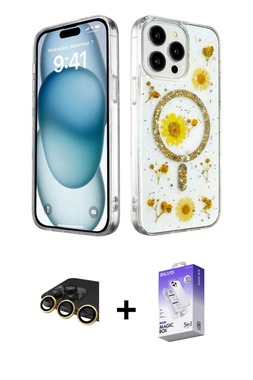 ieg™ iPhone 14 Pro Max Kılıf Kozmos Doku - Siyah Bilvis 5in1 3D Magic Cam Ekran Koruyucu + Gold Raze