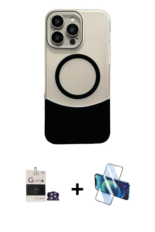 ieg™ iPhone 14 Pro Max Kılıf Kozmos Form Özel Seri - Siyah 3D Antistatik Cam Ekran Koruyucu + Gümüş
