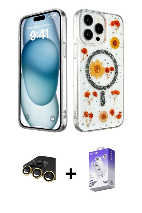 ieg™ iPhone 14 Pro Max Kılıf Kozmos Doku - Siyah Bilvis 5in1 3D Magic Cam Ekran Koruyucu + Gold Raze