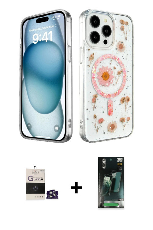 ieg™ iPhone 14 Pro Max Kılıf Kozmos Doku - Şeffaf 360 Full Body Arka Koruyucu + Gümüş Bilvis Titan K