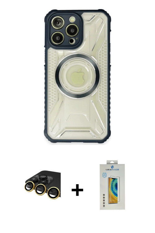 ieg™ iPhone 14 Pro Max Kılıf Kutup Modern - Siyah Polymer Nano Ekran Koruyucu + Gold Raze Metal Kame