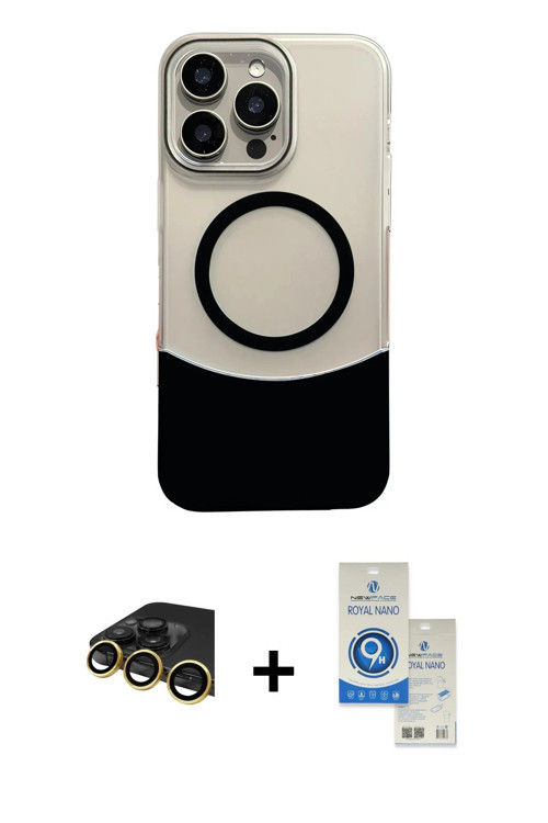 ieg™ iPhone 14 Pro Max Kılıf Kozmos Form Özel Seri - Şeffaf Royal Nano Ekran Koruyucu + Gold Raze Me