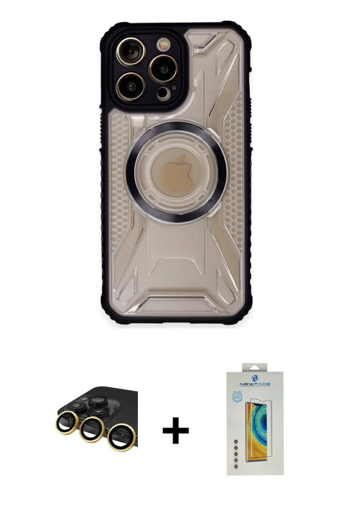 ieg™ iPhone 14 Pro Max Kılıf Kutup Modern - Siyah Polymer Nano Ekran Koruyucu + Gold Raze Metal Kame