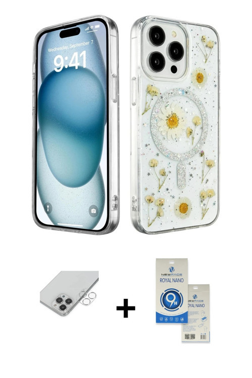 ieg™ iPhone 14 Pro Max Kılıf Kozmos Doku - Şeffaf Royal Nano Ekran Koruyucu + Gümüş Band Metal Kamer