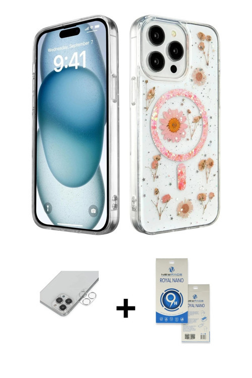 ieg™ iPhone 14 Pro Max Kılıf Kozmos Doku - Şeffaf Royal Nano Ekran Koruyucu + Gümüş Band Metal Kamer