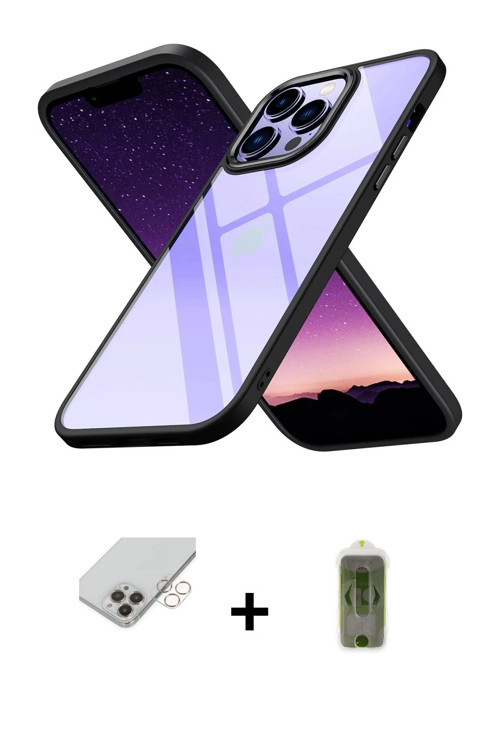 ieg™ iPhone 14 Pro Max Kılıf Nova Işık Serisi - Siyah Joko Magic 5D Hayalet Cam + Gold Band Metal Ka