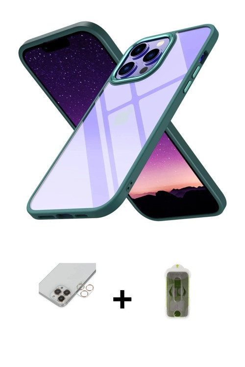 ieg™ iPhone 14 Pro Max Kılıf Nova Işık Serisi - Siyah Joko Magic 5D Hayalet Cam + Gold Band Metal Ka