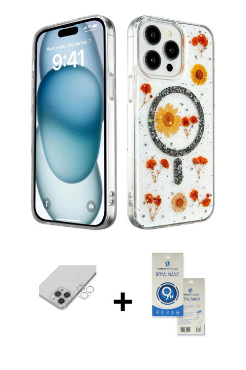 ieg™ iPhone 14 Pro Max Kılıf Kozmos Doku - Şeffaf Royal Nano Ekran Koruyucu + Gümüş Band Metal Kamer