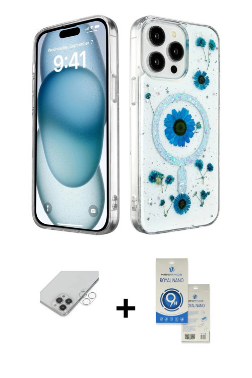 ieg™ iPhone 14 Pro Max Kılıf Kozmos Doku - Şeffaf Royal Nano Ekran Koruyucu + Gümüş Band Metal Kamer