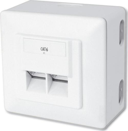 Sıva Üstü İkili CAT.6 RJ-45 Priz, Shielded (Zırhlı), 2 x RJ45, 8P8C, LSA, Beyaz renk RAL 901