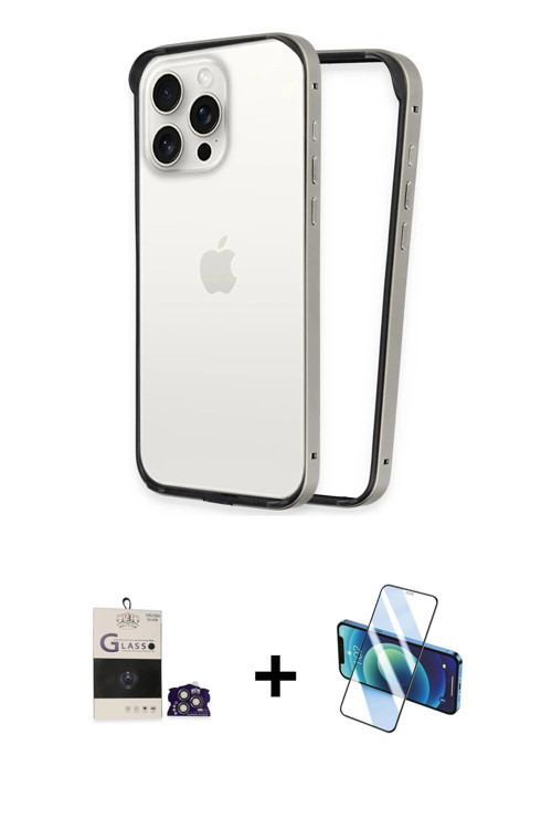 ieg™ iPhone 14 Pro Max Kılıf Pusula Asil Koleksiyonu - Siyah 3D Antistatik Cam Ekran Koruyucu + Gümü