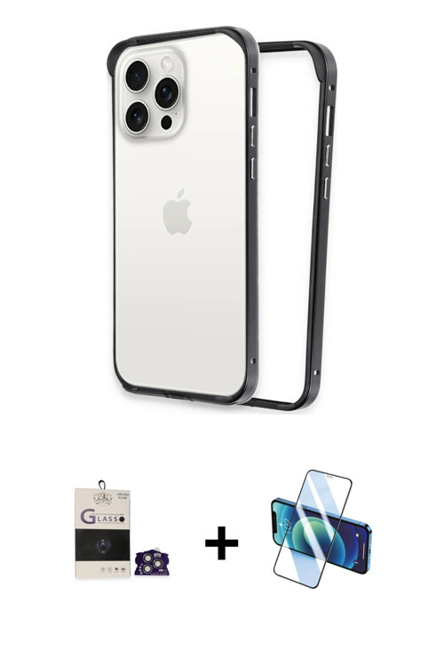 ieg™ iPhone 14 Pro Max Kılıf Pusula Asil Koleksiyonu - Siyah 3D Antistatik Cam Ekran Koruyucu + Gümü