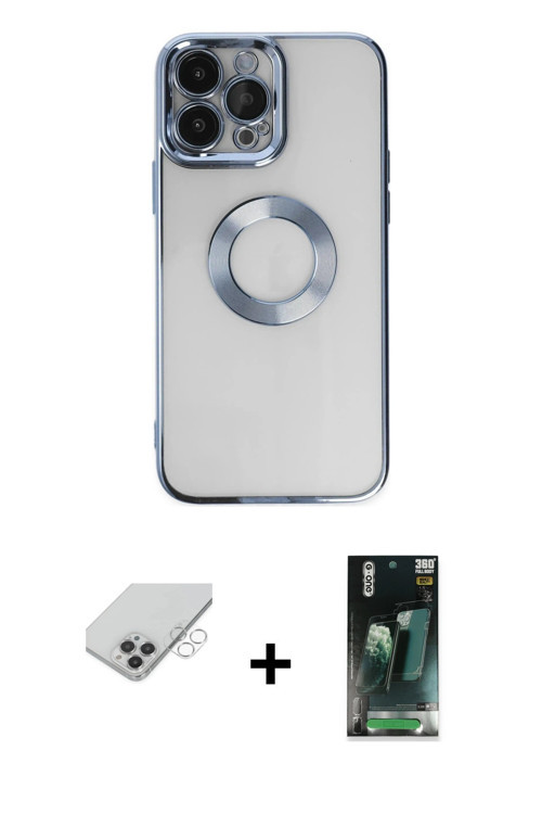 ieg™ iPhone 14 Pro Max Kılıf Pusula Form - Siyah 360 Mat Full Body Arka Koruyucu + Gümüş Band Metal
