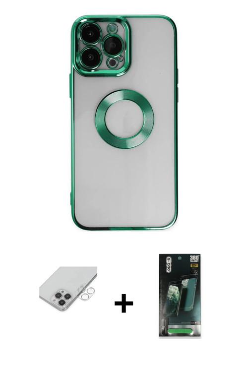 ieg™ iPhone 14 Pro Max Kılıf Pusula Form - Siyah 360 Mat Full Body Arka Koruyucu + Gümüş Band Metal