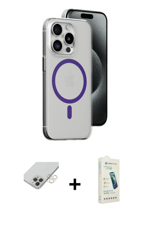 ieg™ iPhone 14 Pro Max Kılıf Odak Form Özel Seri - Şeffaf Pasifik Cam Ekran Koruyucu + Gold Band Met