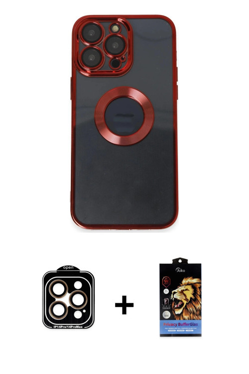 ieg™ iPhone 14 Pro Max Kılıf Pusula Form - Siyah Buffer Hayalet Cam Ekran Koruyucu + Turuncu PVD Met