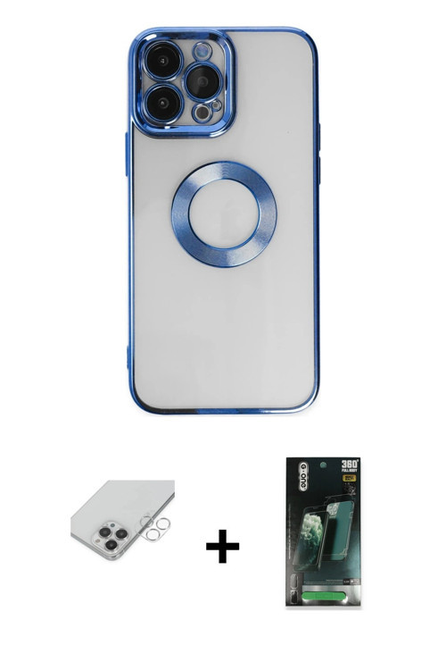 ieg™ iPhone 14 Pro Max Kılıf Pusula Form - Siyah 360 Mat Full Body Arka Koruyucu + Gümüş Band Metal